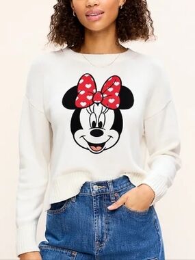 M • Disney × Old Navy • Cream Knit Sweater with Embroidered Minnie Mouse Design
